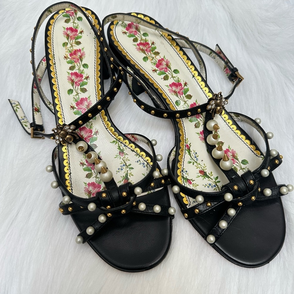 Gucci Strappy Black Sandal with Spikes, Pearls and Bee detail 🐝